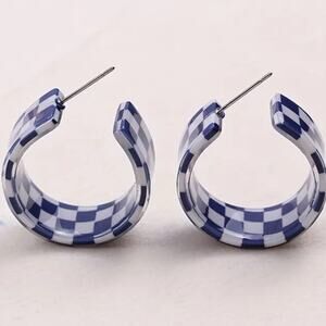 Acrylic Checkered Blue and White Earrings